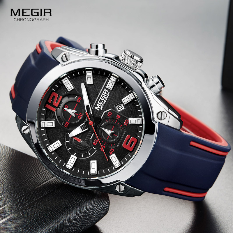 Silicone Sport Band - ساعة Megir للرجال كرونوغراف تناظرية كوارتز